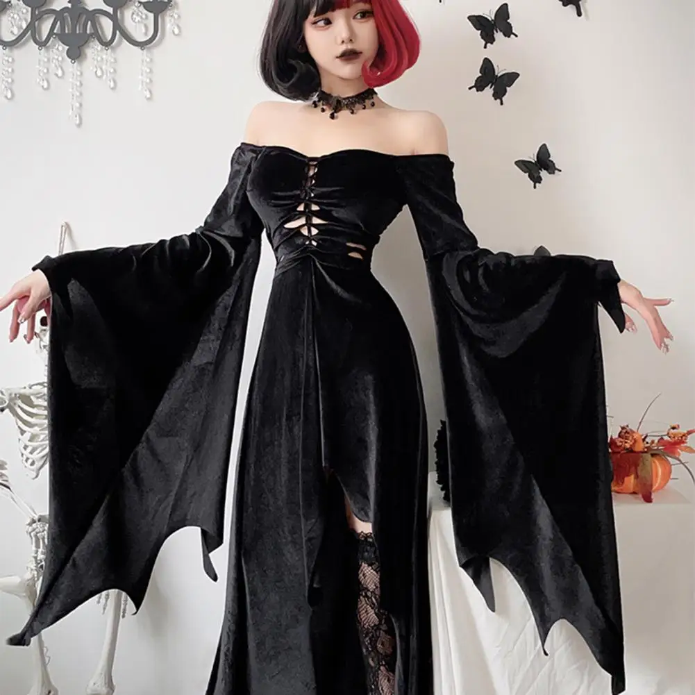 

Dark Gothic Style Dress Witch Dress Style Witch Halloween Party Costume Set with Necklace Headband Stockings Women Cosplay Dress