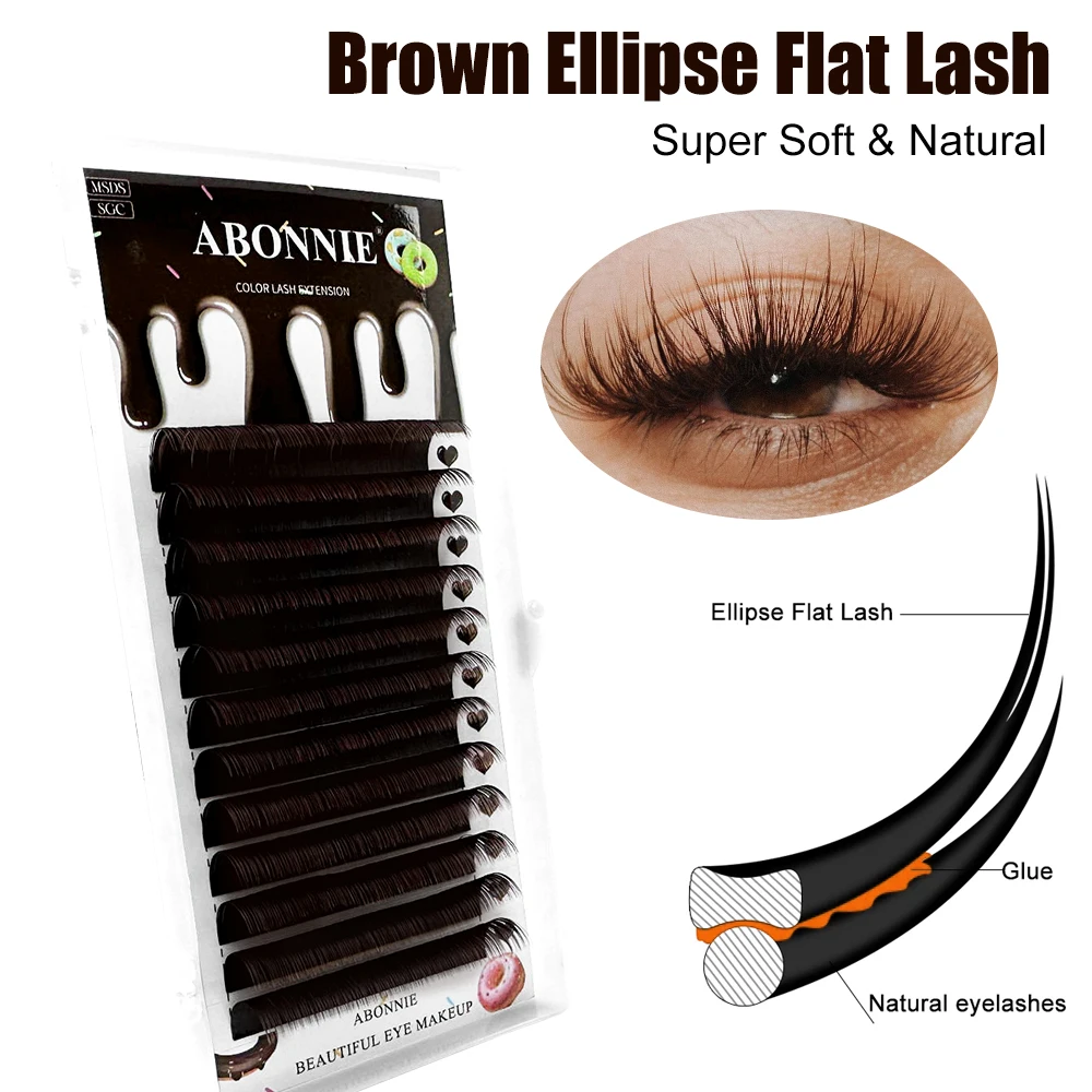 Abonnie Brown Colored Flat Eyelashes Extension Ultra Soft Ellipse Flat Lashes Split Tips Eyelash