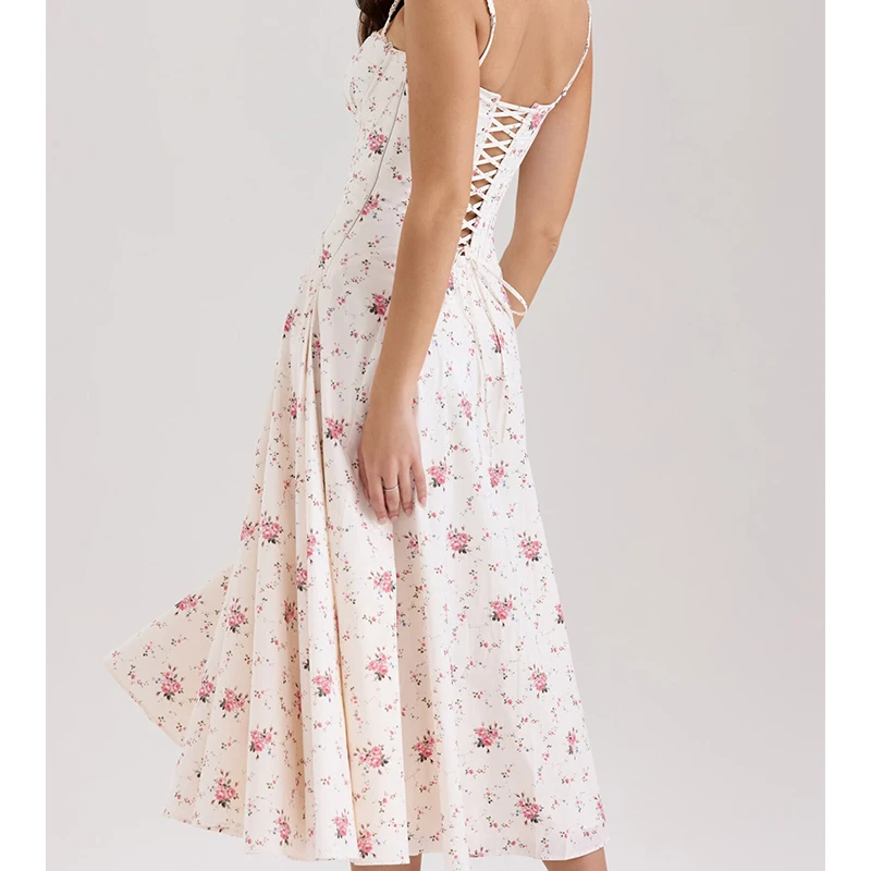 สปาเก็ตตี้เซ็กซี่สายรัดดอกไม้พิมพ์รัดตัวสไตล์ผู้หญิง A-Line ฤดูร้อน Holiday Party Dresses Lace Up Robe