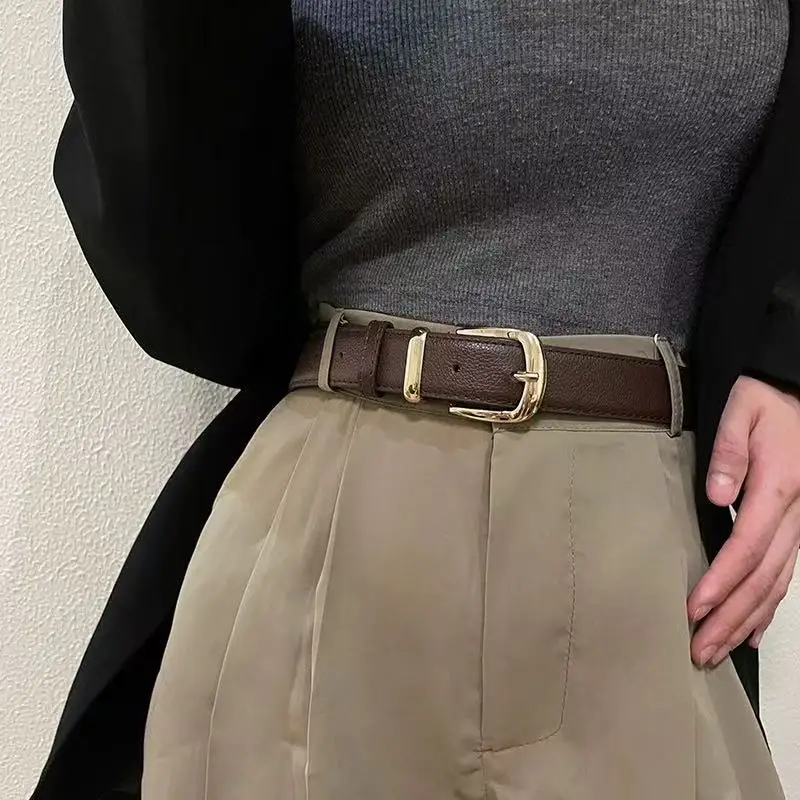 1pcs Women's Belt Fashion Pin Buckle Thin Belt Genuine Luxury Soft Belt Women with Cargo Pants Jeans Belts Black PU Leather Belt