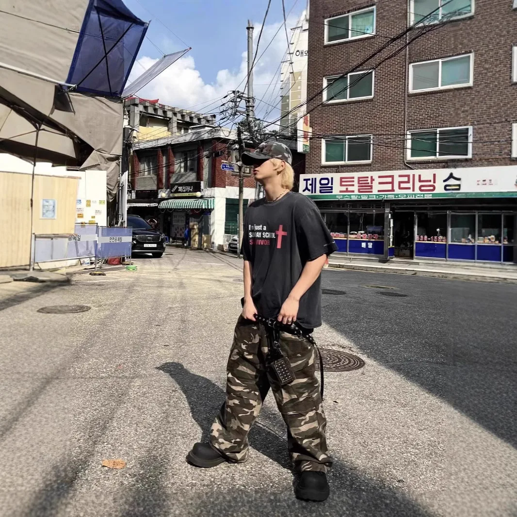 Project G/R Summer Letter-Printed Cross Weathered Washed Tagline Roundneck Short-Sleeved Loose-Tee Shirt for Men Women Grailz