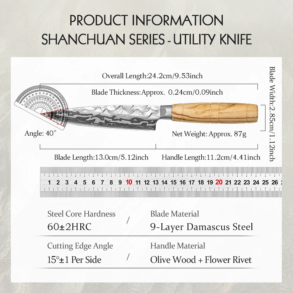 HEZHEN 5.1 Inch Utility Knife Premium 9‑Layer Damascus Steel with 12Cr18MoV Core Ergonomic Olive Wood Handle Kitchen Knife