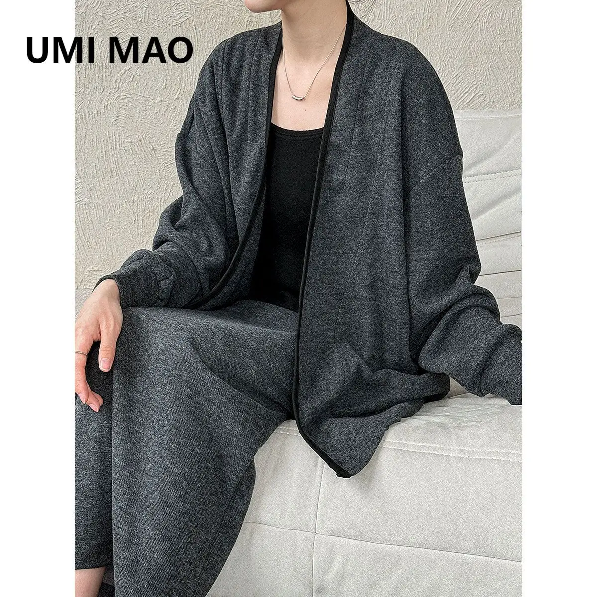 

UMI MAO Korean Style Soft Wool Diagonal Placket Patchwork Top + High Waist Skirt Two-Piece Set For Women Autumn Outfit Top