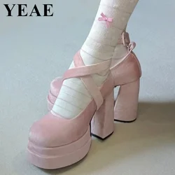 New Thick Sole Platform Shoes Chunky Heels Mary Jane Shoes Women Vintage Girls Lolita Shoes Cross-tied High Heels Plus Size 40