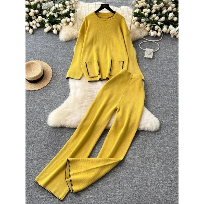 Lazy Pants Suit Women Autumn Winter Loose Contrast Color Pocket Knit Sweater High Waist Casual Wide Leg Pants Women 2-piece sets