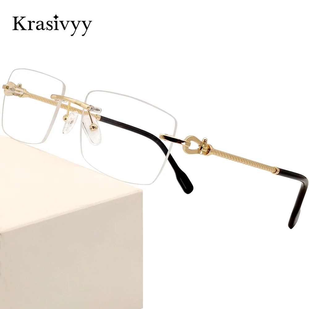 Krasivyy Rimless Glasses Frame Men Titanium Square Ultralight France Prescription Eyeglasses Males High Quality Optical Eyewear