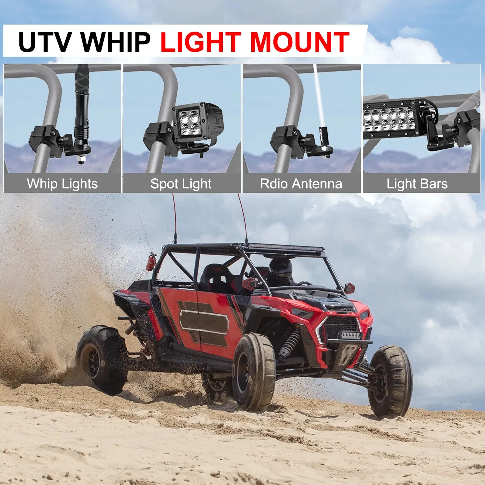 Soporte de antena Led con bandera UTV, soportes de luz de látigo para ATV de 1,75 \