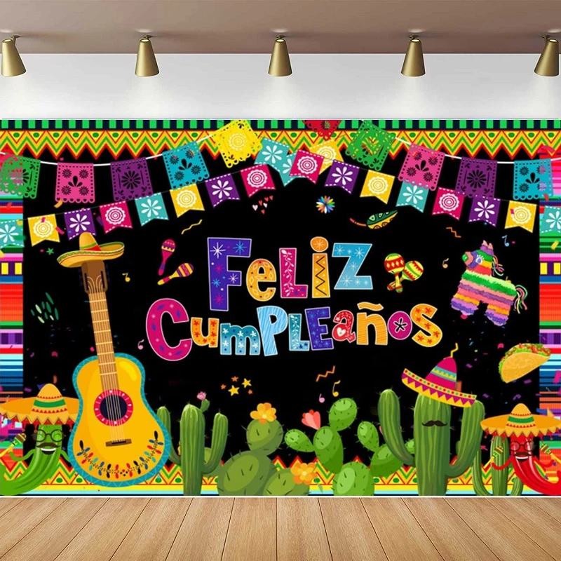 Photography Backdrop Mexican Fiesta Happy Birthday Party Decor Supplies Cactus Balloons Mexico Cinco De Mayo Banner Background