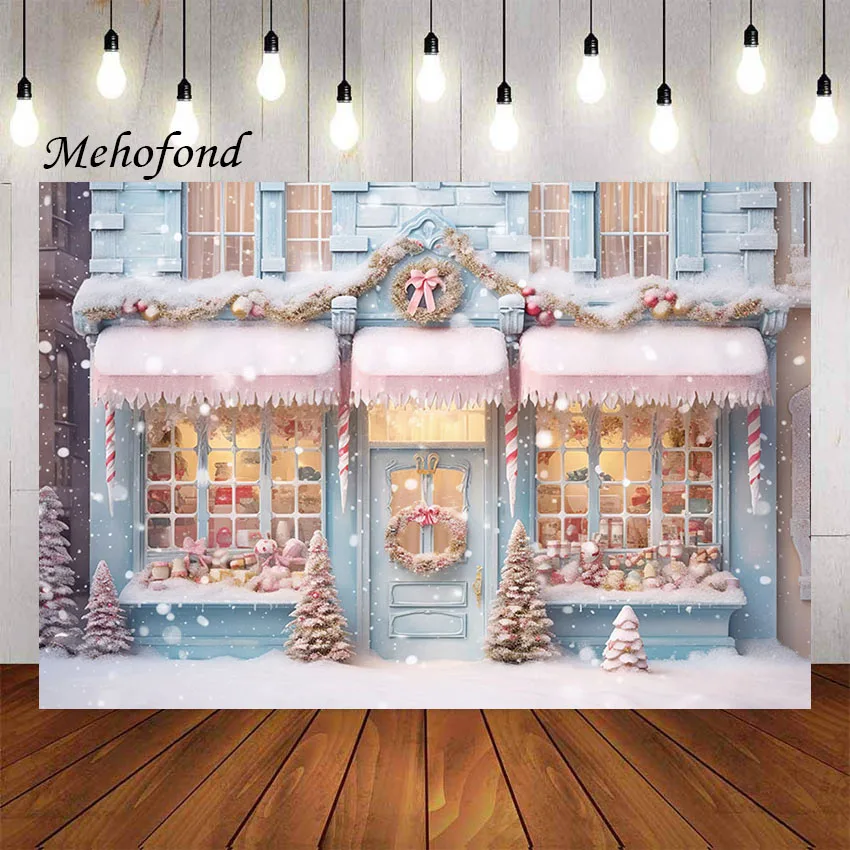 

Mehofond Photography Background Winter Christmas Pink Candy Shop Window Xmas Tree Kid Family Portrait Decor Backdrop Photo Studi