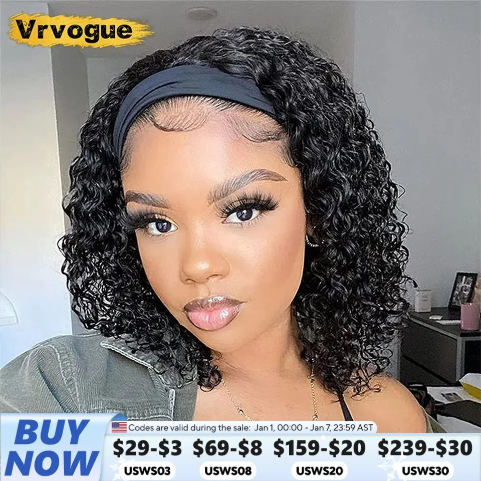 Headband Wig Kinky Curly Brazilian Remy Hair Wigs For Black Women Human Hair Deep Water Wave  Wig Full Hair Wet and Wavy 180%