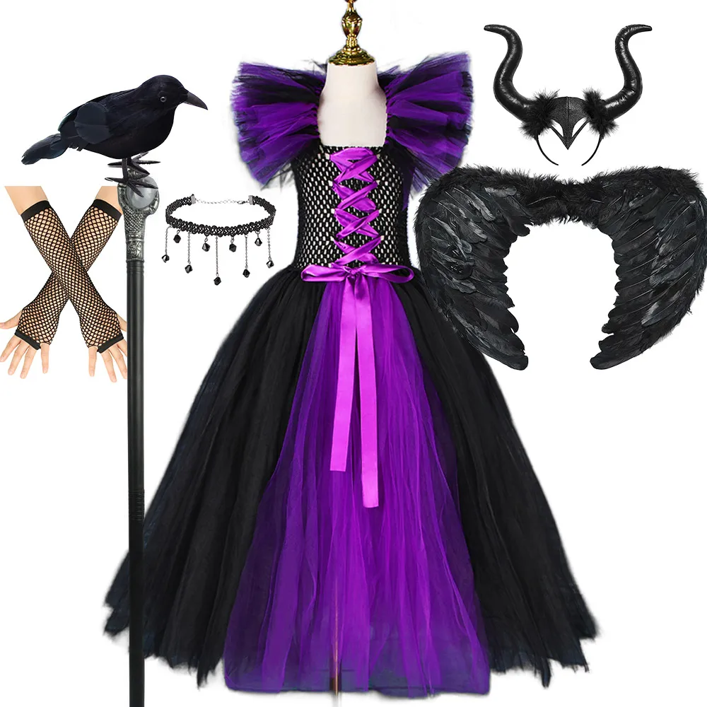 Maleficent Children Costume Tulle Dress Girls Cosplay Vestidos Party Evil Queen Mesh Princess Dress Kids All Saint Day Apparel