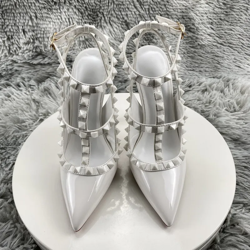 Heelgoo Summer Backless Women T-Strap Pointy Toe High Heel Shoes With Rivets Fashion Designer Stiletto Pumps Glossy White Black