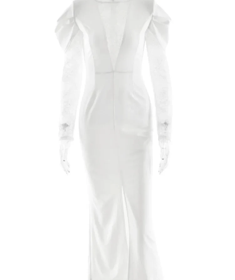 여성 우아한 O넥 긴팔 시스루 바디콘 드레스 이브닝 파티 베스티도 하이 슬릿 레이스 패치워크 맥시 드레스