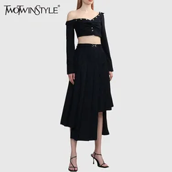 TWOTWINSTYLE Solid Two Piece Set For Women Slash Neck Long Sleeve Top High Waist Spliced Ruffles Chic Skirt Elegant Sets Female