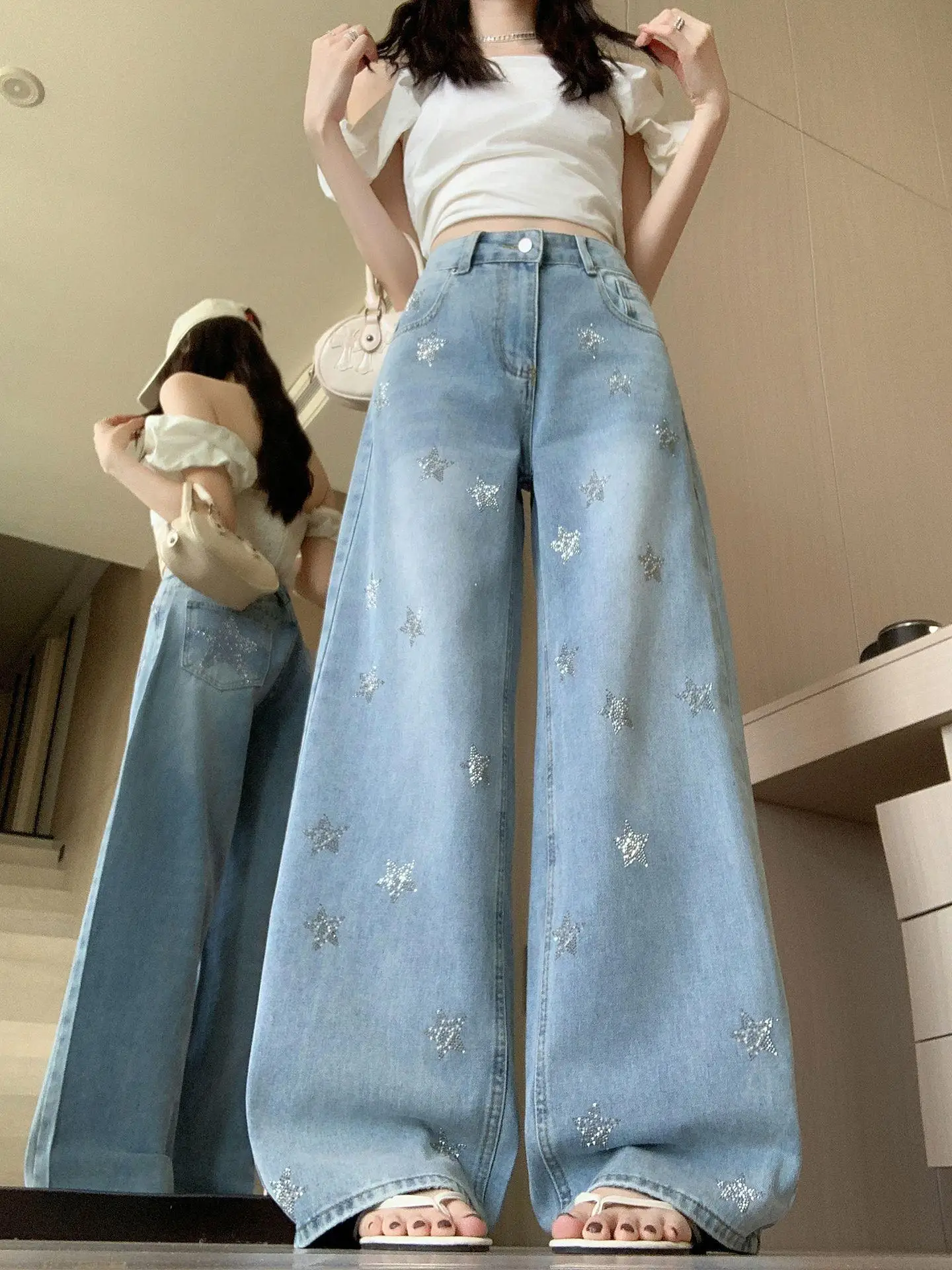 

American Style Retro Washed Star Rhinestone Denim Jeans Women Summer New High Waist Fashion Wide Leg Loose Long Pants
