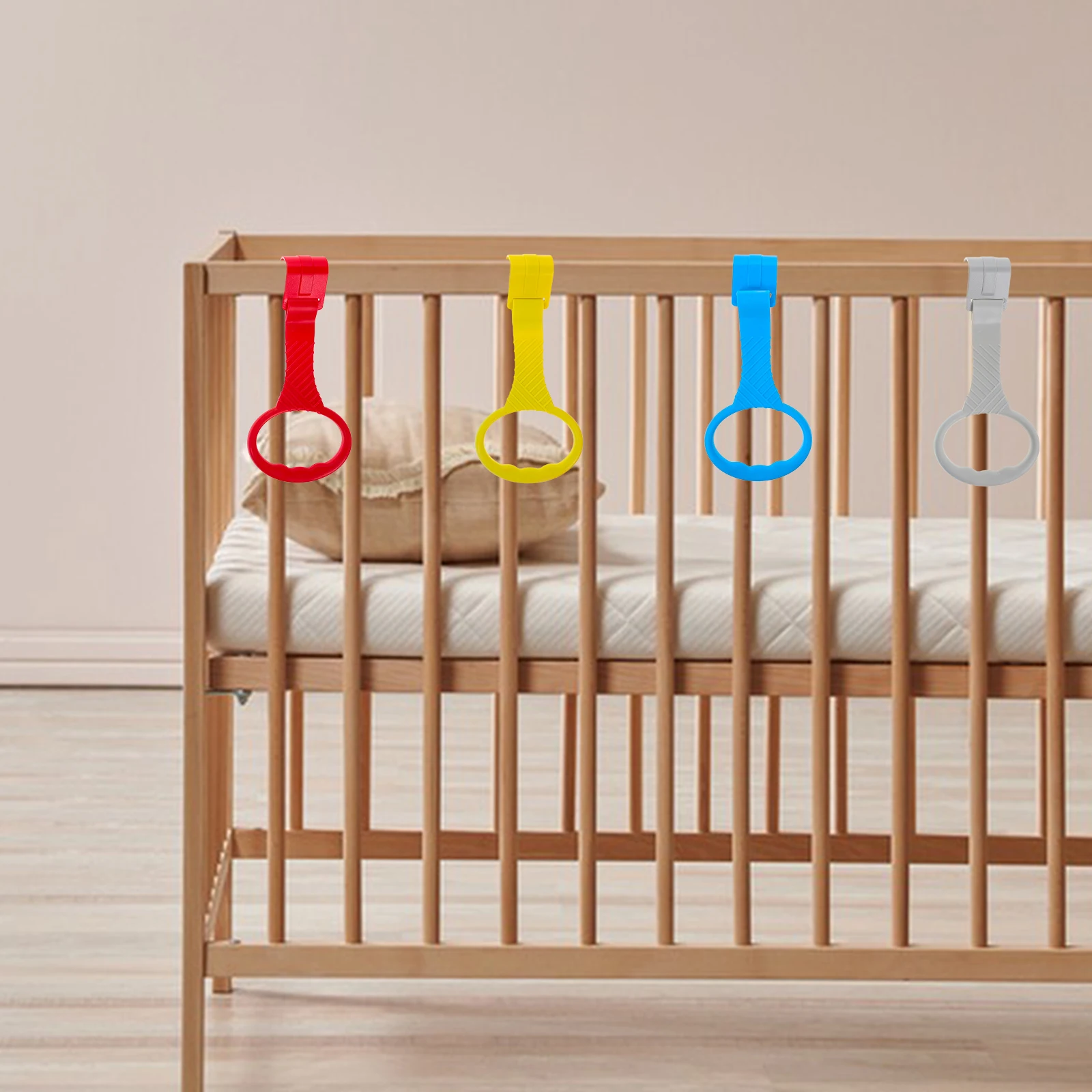 

4 pcs Baby Gym Pull Up Rings Crib Hanging Toys Standing Support Toddler Hooks Infant Playpen Walk Assist Plastic Safety Reliable