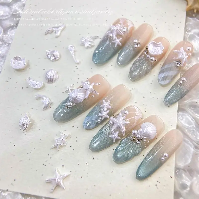 50 قطعة سلسلة المحيط لامعة ملونة قذيفة نجم البحر محارة ذيل السمكة الراتنج مسمار الفن الراين جوهرة زينة مانيكير حلية