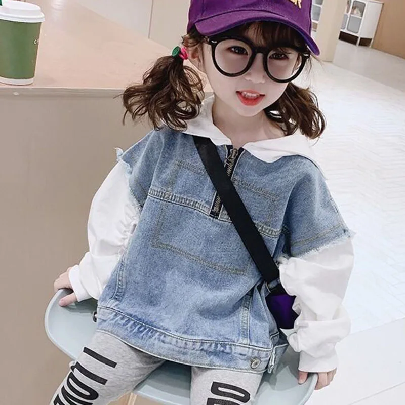 Giacca con cappuccio da ragazza per la primavera autunno inverno a maniche lunghe Patchwork Denim Top coreano elegante primavera per bambini Top da