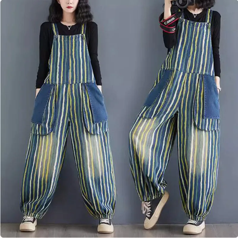 

Spring Autumn Denim Overall Jumpsuit 2024 Large Size Artistic Retro Style Casual Loose Cowboy Striped Jeans Strap Pants CS016