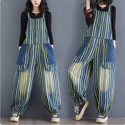 Spring Autumn Denim Overall Jumpsuit 2024 Large Size Artistic Retro Style Casual Loose Cowboy Striped Jeans Strap Pants CS016