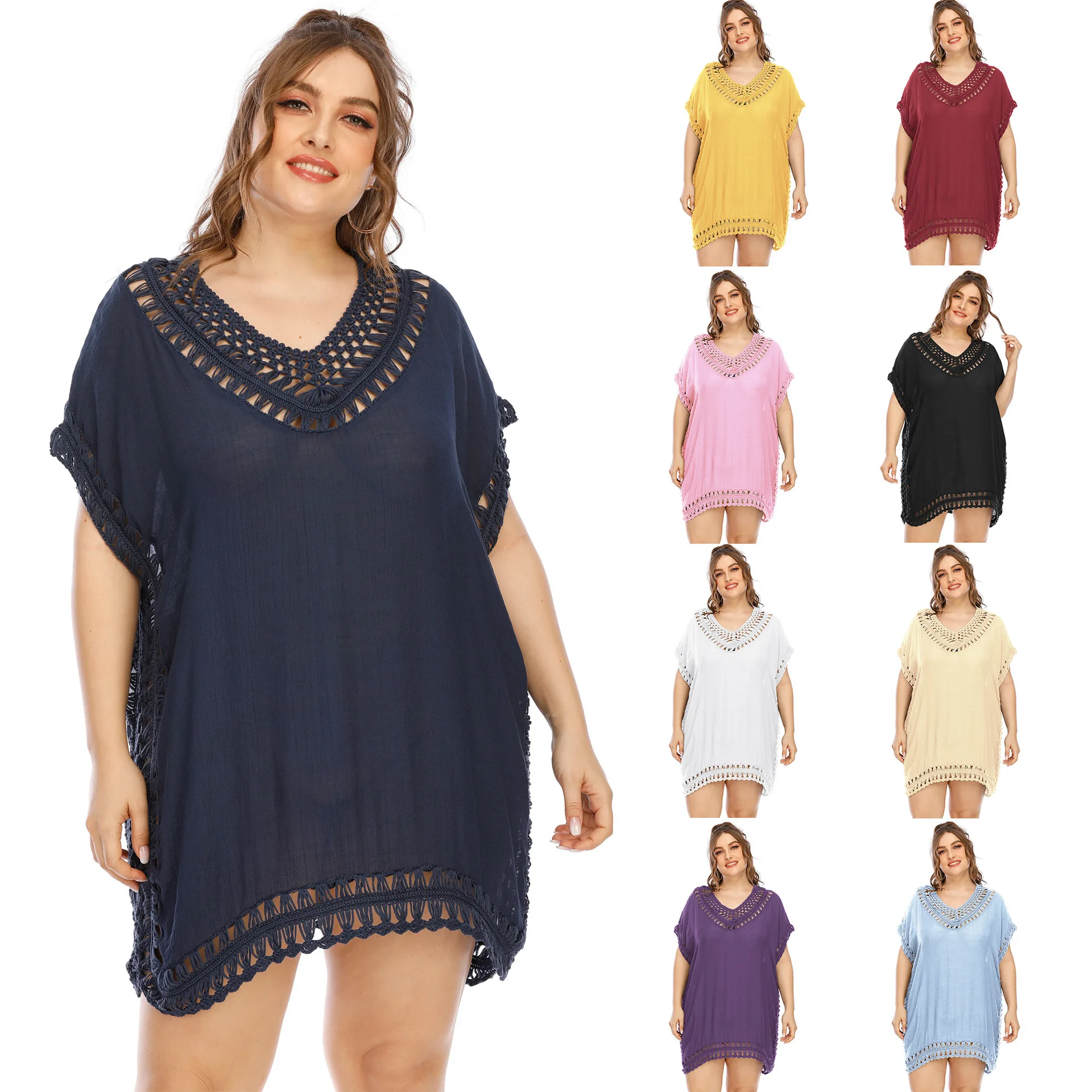 Plus Size Multi-color Crochet Fringed Beach Dress V Neck Hollow out Women's Swimsuit Cover up Oversize Summer Beachwear