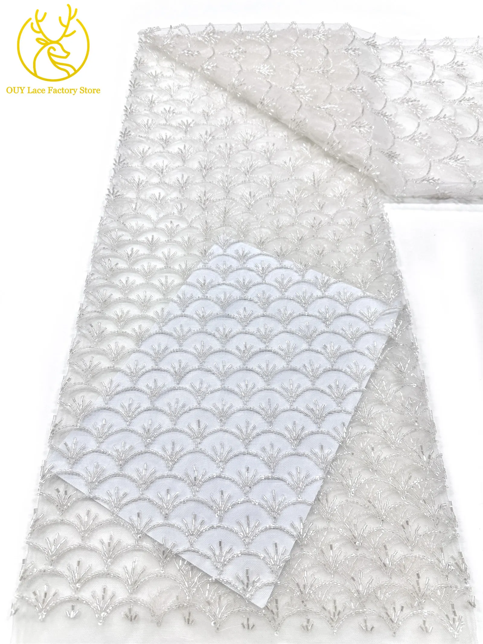 Rosa Neues Design Handgefertigter Perlen-Spitzenstoff Französischer Hochzeitsstoff Nigerianischer Pailletten-Perlen-Stickerei Tüll-Spitzenstoff – Detail 12