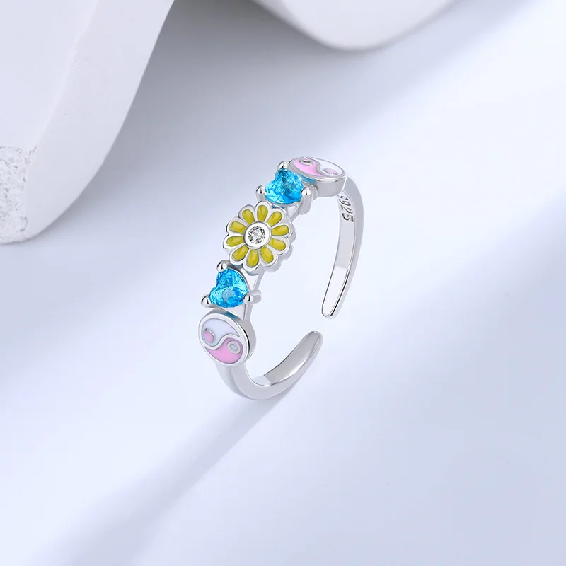 

925 Sterling Silver Colour Flower ​Adjustable Rings For Women Engagement Wedding Jewelry Accessories