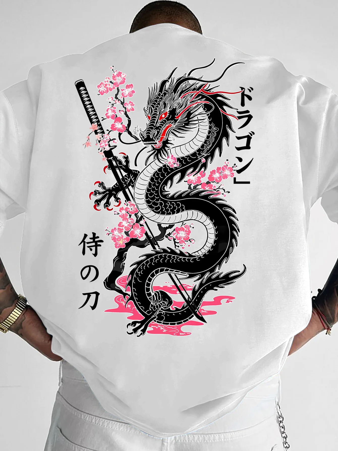 T-shirt tendance pour hommes, coupe ample, idéal pour un usage quotidien décontracté - Éléments Dragon, Cerisier, Épée, 100% coton pur