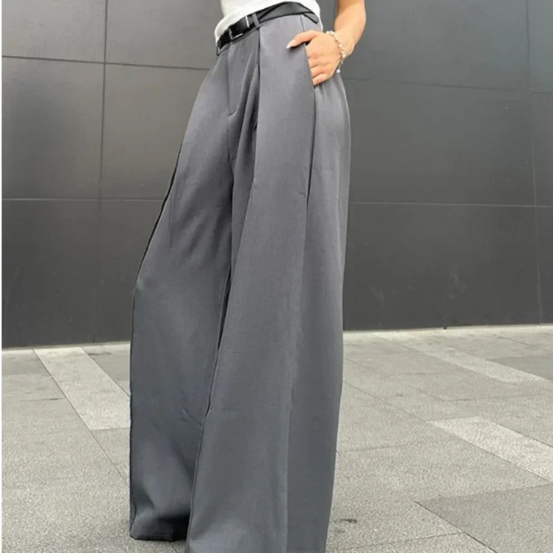 QWEEK Baggy Casual Grey Suit Pants Woman Korean Fashion Classical Office Ladies Wide Leg Trousers High Waist Basic Pantalones