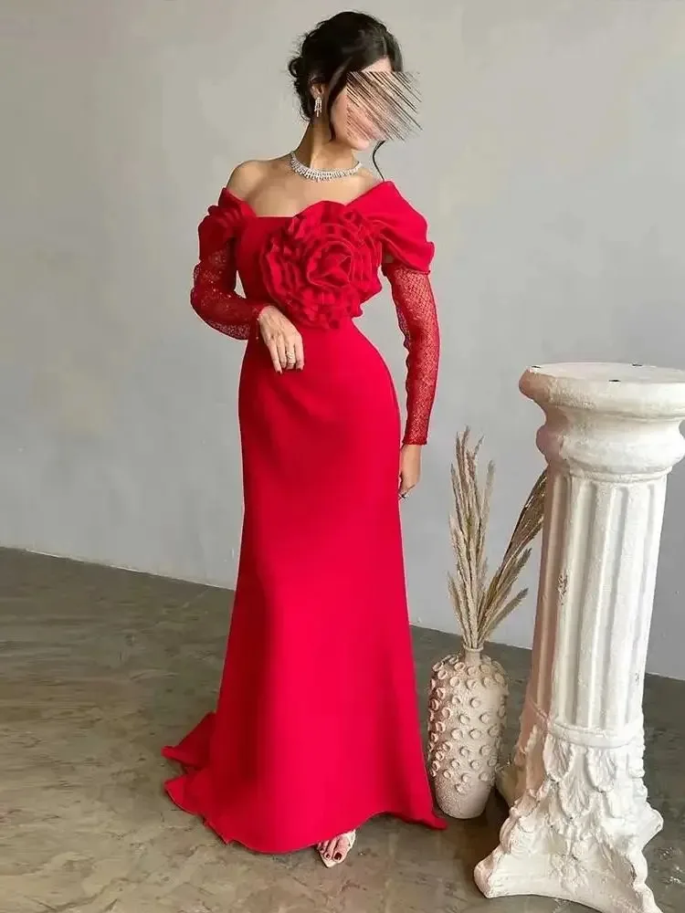 Robe de Soirée Sirène en Satin Rouge à Manches sulfpour Femme, Fourreau, Dos aux, Sexy, Arabe