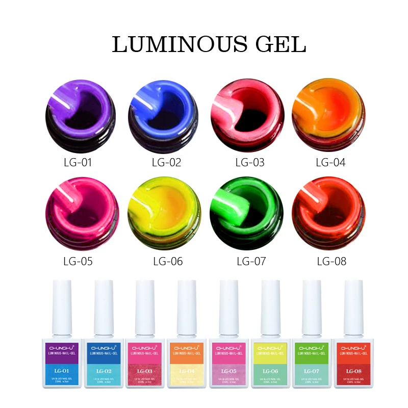 Chunshu Neon Lichtgevende Gel Nagellak 15Ml Uv Led Semi-Permanente Vernis Gloed In Donker Schilderij Fluorescerende Kleuren Hybriden