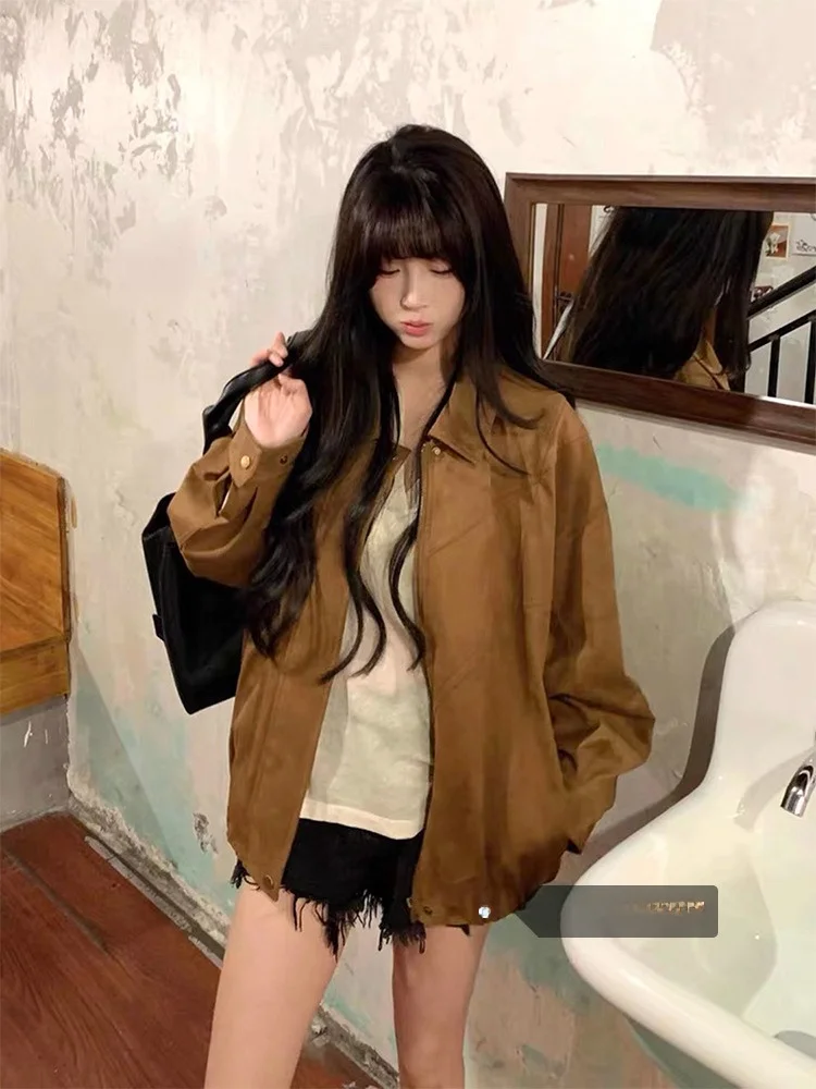 

Весенняя женская куртка свободного кроя в стиле ретро, коричневая, новинка 2026 года, очень красивая, с воротником-стойкой, длинными рукавами, на молнии