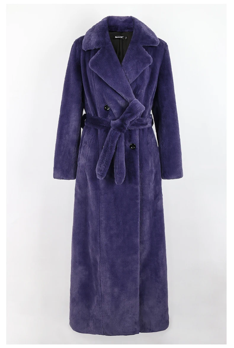 Nerazzurri Winter Extra Long Purple Black Thick Warm Soft Fluffy Faux Fur Coat Women Sashes Double Breasted Furry Overcoat 2022