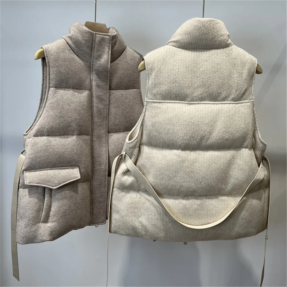 Women's Knitted Sleeveless Vest Down Jacket With Belted Autumn Winter 2024 Warm Goose Down Waistcoat