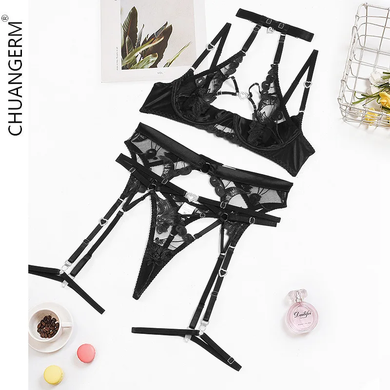 

CHUANGERM Hollow Sexy Erotic Lingerie Sensual Fairy Underwear Halter Bra Thong Delicate Luxury Lace Exotic Set Sissy Outfit 4pcs