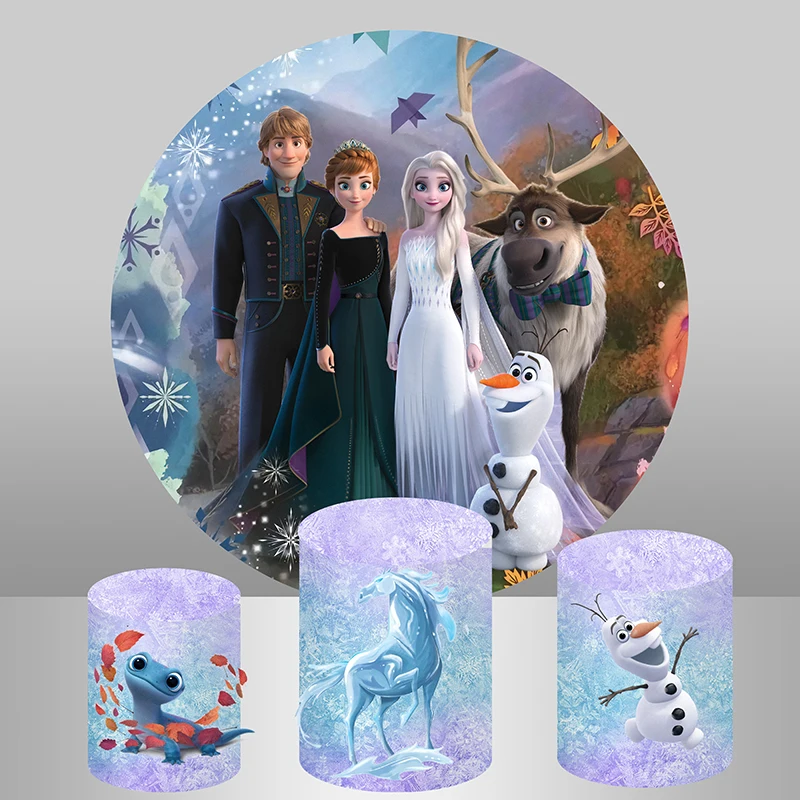 Frozen Princess Circle Round Backdrop Cover Anna and Elsa Background Table Banner Plinth Cover for Kids Birthday Party Decor