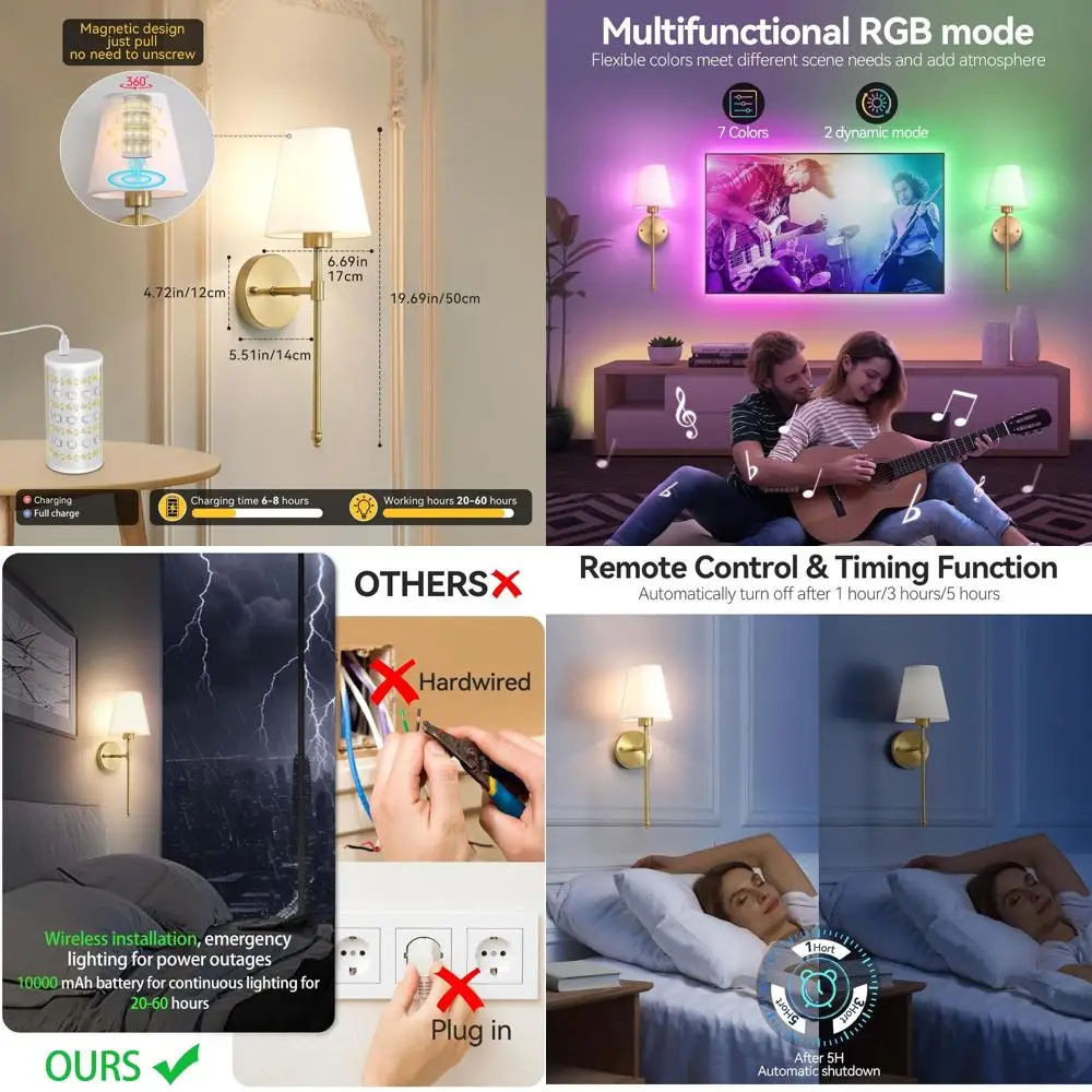 

Battery-Powered Dimmable Wall Sconces Set, Rechargeable with 10000mAh Bulb & Remote, 10 Color Options for Home Decor