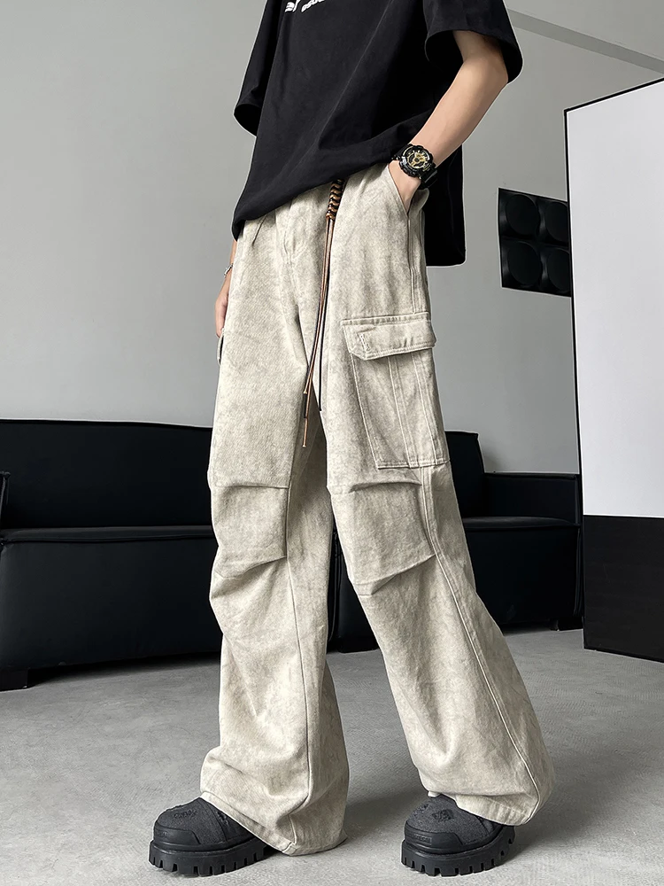 Retro American Work Pants Men's Summer Pleated Paratrooper Pants Extended Design Cool Dirt Dyed Casual Pants Loose Fit