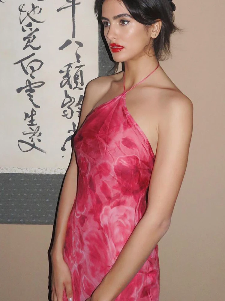 Dulzura rosa impressão rendas até halter mini vestido feminino bodycon sexy sem costas vestido floral roupa de festa elegante roupas de aniversário y2k