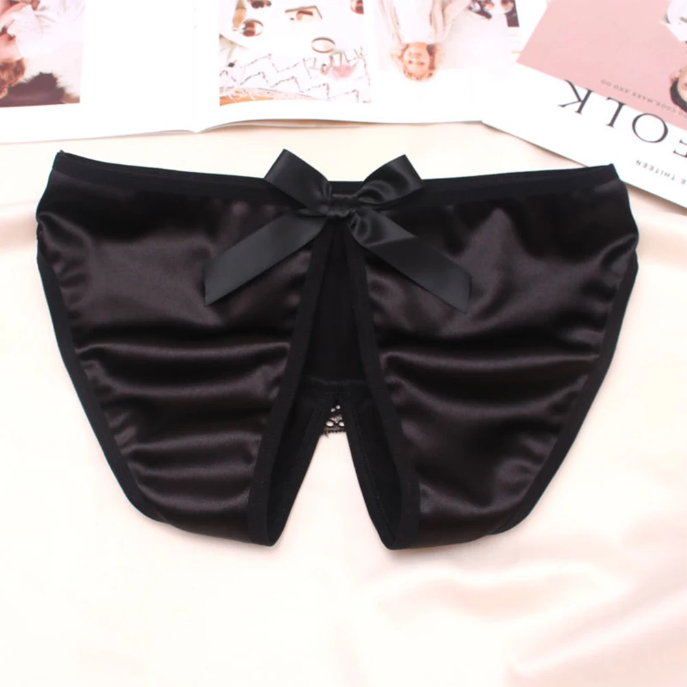 

Sexy Women Silk Satin Thong Panties Crotchless Erotic Lingerie Smooth Comfortable Soft G-string Underpants Bow Tie Underwear