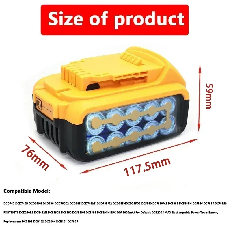 20V 4Ah 5Ah 6Ah rechargeable lithium-ion power tool battery with LED, replaceable with DeWei DCB205, DCB201, and DCB203