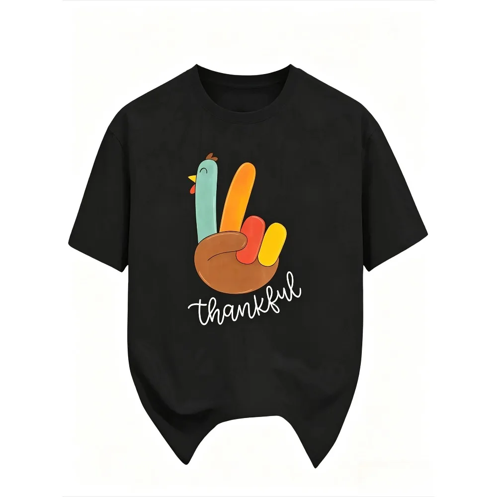 Cartoon Turkey Hand Thankful Graphic Print Men T‑Shirt Short Sleeve Loose Casual Thanksgiving Daily Streetwear Tee Tops