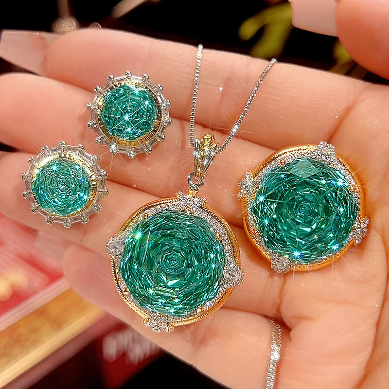 

Luxury Emerald Green Paraiba Crystal Jewelry Round Cut Stone Adjustable Ring Necklace Stud Earrings for Women Wedding Party Gift