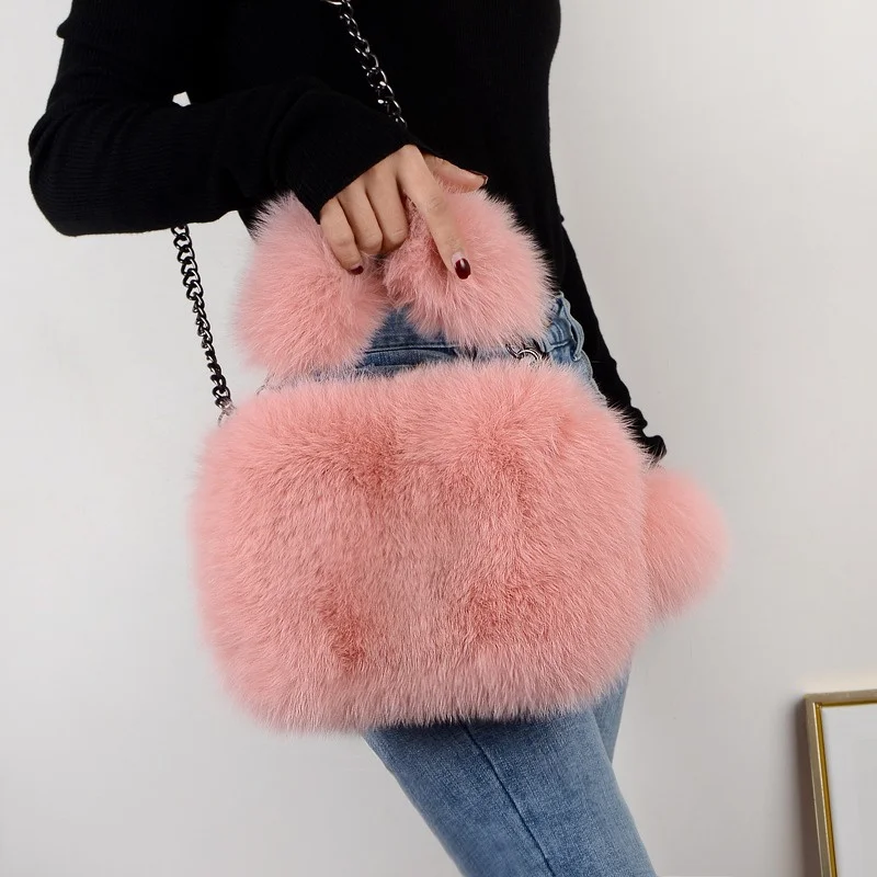 Bolso cuadrado pequeño de piel de zorro para mujer, bolso de mano de lujo, bolso cruzado de hombro de felpa esponjosa, moda de invierno, nuevo