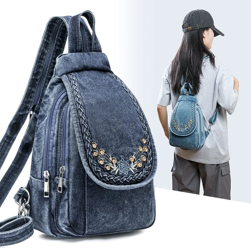 Embroidery Flowers Women Backpack Small Denim Backpacks For Girls Teenagers Female Shoulder Bag Chest Pack Black Bolsa