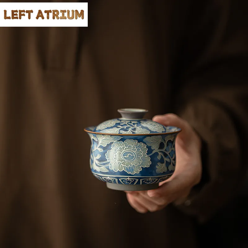 170ml-ru窯青白牡丹蓋碗手作り茶碗蓋付きキット茶器蓋付きボウル茶道コレクション