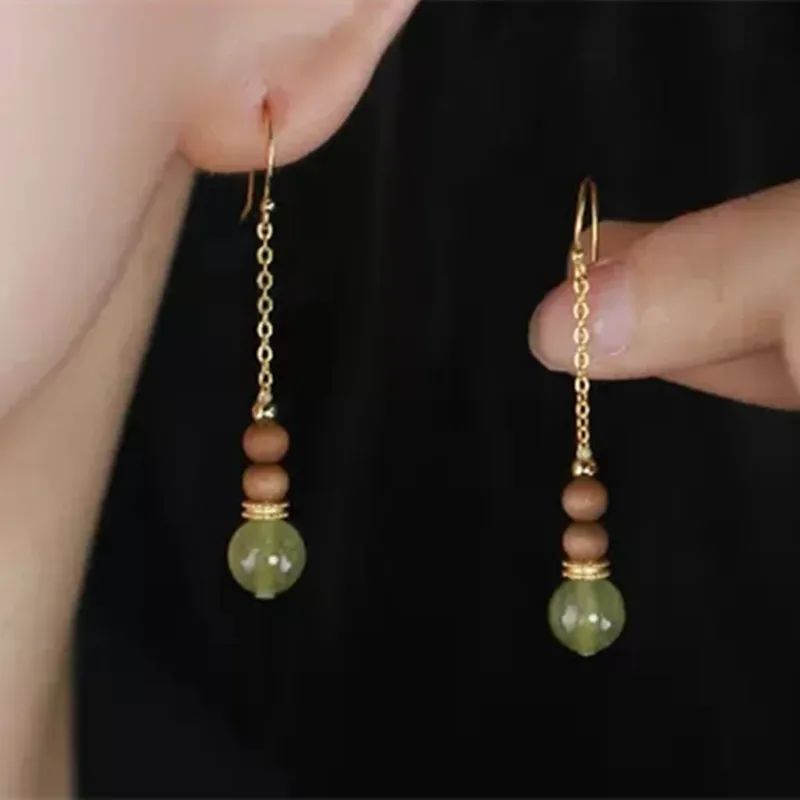 Chinese Style Retro Ethnic Natural Hotan Jade Old Sandalwood 8mm Tassel Earrings for Women with Cheongsam Girlfriend Gift