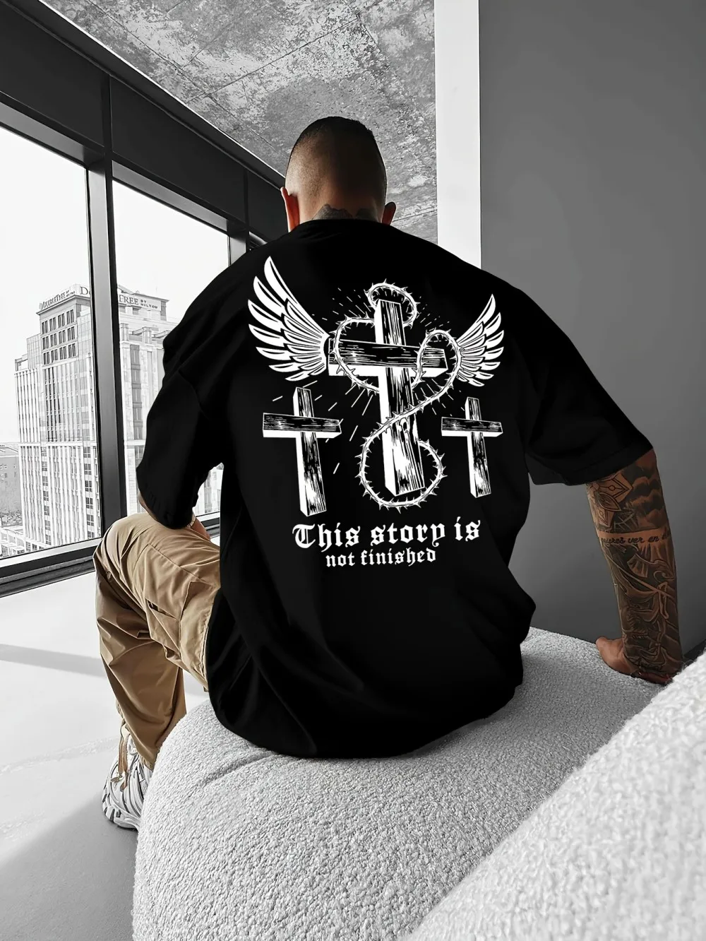 

Men's Summer Cross Angel Wings Letter Print Comfortable Breathable Round Neck T-shirt Outdoor Y2K Street Style Top