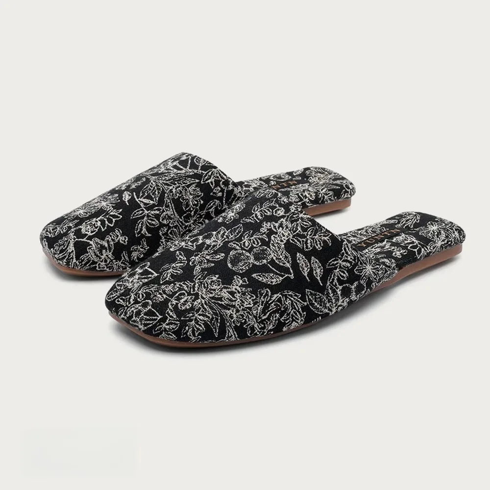 Autumn Winter French Toile Pattern Vintage Elegant Ladies Indoor Furry Lined Cotton Toe Covered Non Slip Slippers Women's Shoes