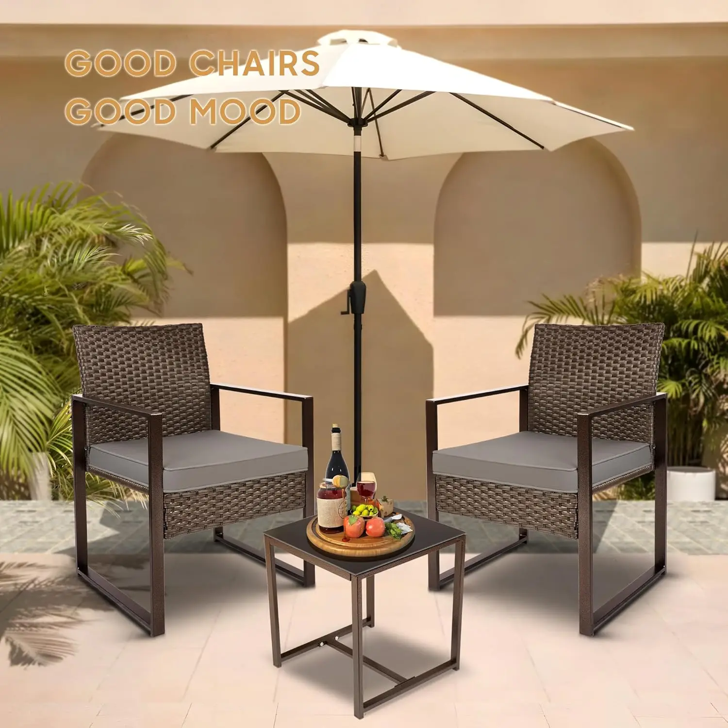 YIYAN 3 Pieces Outdoor Furniture Set Patio Rattan Wicker Chairs & teatable,Lawn Garden Balcony Backyard,with Washable Cushion